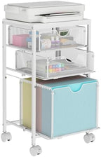 BOHDK Rolling File Cart with 3 Storage Drawers, Wood & Mesh Hanging File Folder Organizer with Wheels Under Desk, File Cabinets for Home Office, 11.81" D x 14.8" W x 25.39" H, White by BOHDK