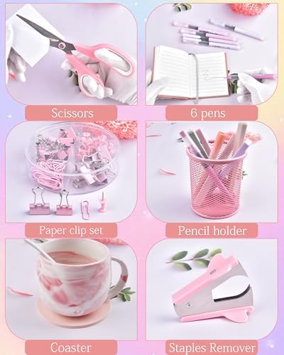 23pc Pink Desk Accessories and Organizers with Mesh Organizer Stapler Tape Dispenser Calculator and a Lot of Office Pink Office Supplies Beautifully Presented in a Gift Box - Image 4