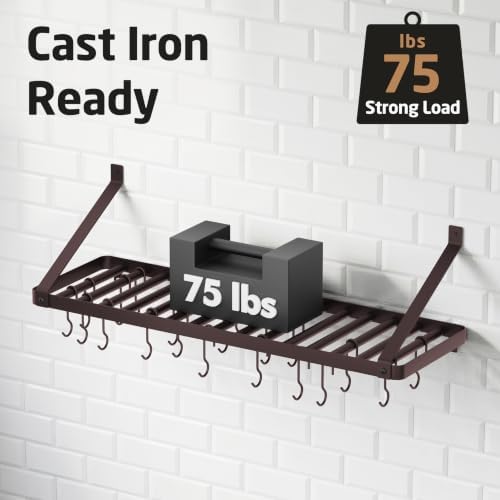 KES 75lb High-Capacity Oil Bronze Pot Rack Wall Mounted with Pot Lid Holder - Image 4