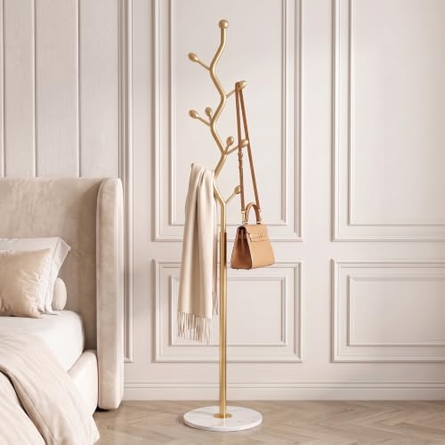 Gold Freestanding Coat Rack & Tree Marble Base 9 Hooks by Unknown