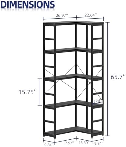 NUMENN 5-Tier Corner Bookshelf, 27" L*23" W*66''H L-Shaped Bookcase, Black - Image 3