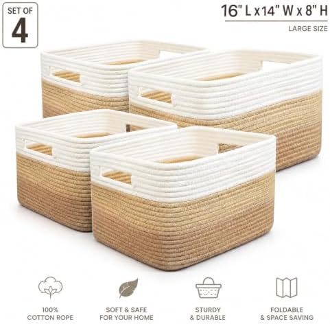 4 Pack Cotton Rope Storage Bins, 16x14x8 Inch Large Basket for Shelves, Closet, Nursery, Towels, Toys - Image 2