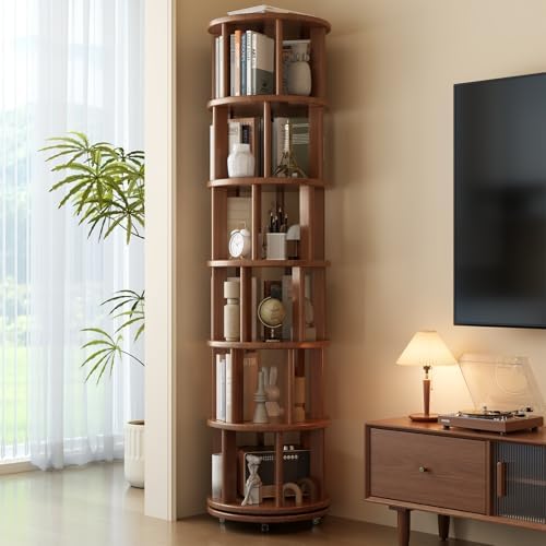 Muwuele 6 Tier Solid Wood Rotating Bookshelf Tower on Wheels, Walnut by Muwuele
