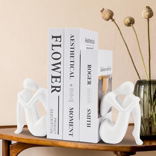 White Decorative Bookends, Girl Thinker Design, Modern Resin Book Stoppers, Non-Skid Heavy Duty, 1Pair/2Piece - Image 6