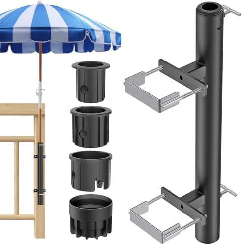 BeneLabel Patio Umbrella Holder for Deck Railing No Drill Deck Umbrella Clamp Mount Fits 1"-2" Umbrella Poles Space Saving Design Umbrella Holder for Deck Balcony Garden Poolside Railing by BeneLabel