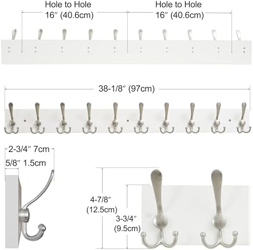 SKOLOO Creations White Solid Wood Wall Mounted Coat Rack, 10 Hooks, 38-1/8" Long - Kitchen, Mudroom, Entryway, Bathroom - Includes Mounting Hardware, Wall Coat Hanger, Towel Rack - Image 3