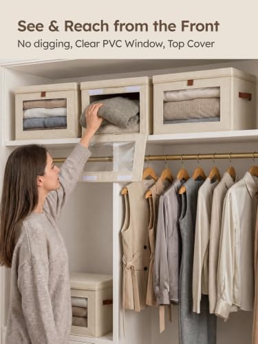 Homsorout Large Closet Storage Organizer - Clothes Storage Bins with Handles & Window, Collapsible Decorative Boxes with Lids, Fabric Containers for Living Room, Dorm, 5 Pack, Beige - Image 2