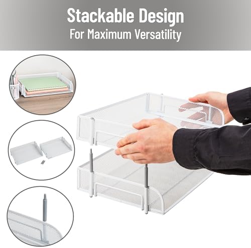Mind Reader Stackable Paper Tray, Desktop Organizer, File Storage, Office, Metal Mesh, 13.5" L x 10" W x 7.25" H, 2 Pcs., White - Image 4