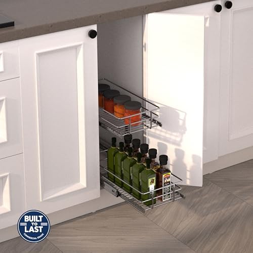 JOWBOOW 2-Tier Narrow Cabinet Pull Out Shelves, 8" W x 22" D, Chrome - Image 2