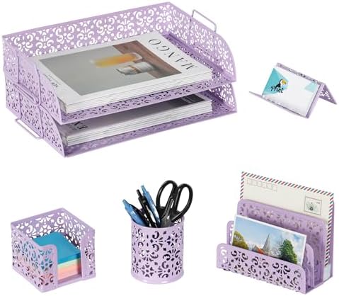 EasyPAG Desk Organizers and Accessories 5 Pieces Office Supplies Set - 2 Tier Paper Tray, Pencil Organizer for Desk, Mail Sorter Countertop, Business Card Holder and Sticky Note Holder, Purple by EasyPAG