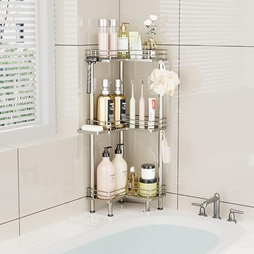 Consumest Corner Shower Caddy Standing - 3-Tier Stainless Steel Shower Organizer with Soap Holder and 4 Hooks, Large Capacity Corner Shelf Stand for Bathroom, Rest Room, Sand Nickel - Image 7