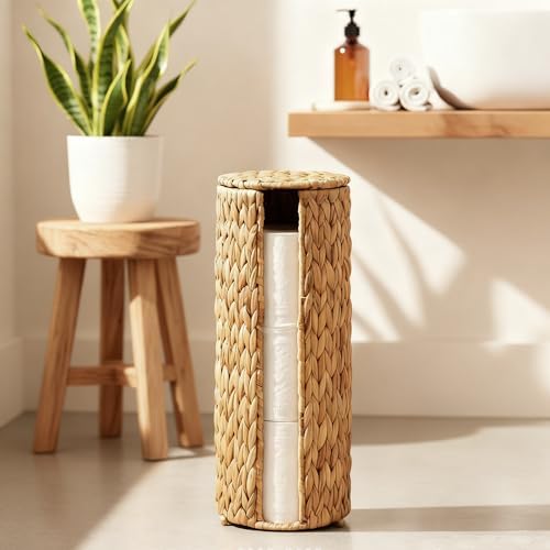 PINXIURY Water Hyacinth Paper Roll Holder, Wicker Toilet Paper Holder Stand for Bathroom, 3 Rolls of Toilet Paper Storage, Toilet Roll Holder Stand for Bathroom and Under Sink - Image 7