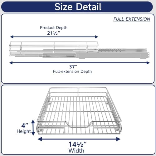 Pull Out Cabinet Organizer, 14.5" W x 21.5" D, Heavy Duty Chrome Slide Out Shelf for Base Cabinets, Sliding Wire Basket Drawer for Pantry Items, Bowls, Containers & Cleaning Supplies - Image 2
