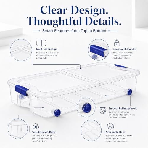 66 Qt Rolling Underbed Storage Bin with Split Lid, Clear Plastic Box, 2pack - Image 4