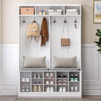 Wodeer Hall Tree with Bench and Shoe Storage, 53" Farmhouse 4-in-1 Mudroom Storage Organizer with Coat Rack, 6 Hooks, 12 Shoe Cubbies, Adjustable Shelf, for Entryway, Hallway, Living Room, White - Image 6
