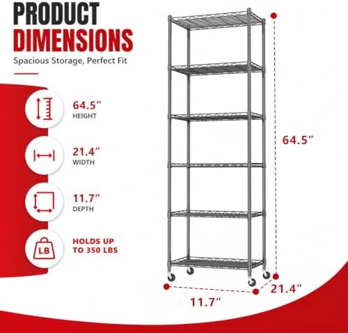 REGILLER 6 Wire Shelving Steel Storage Rack Adjustable Unit Shelves for Laundry Bathroom Kitchen Pantry Closet(Black,11.7" D x 21.4" W x 64.5" H,With Wheels) - Image 2