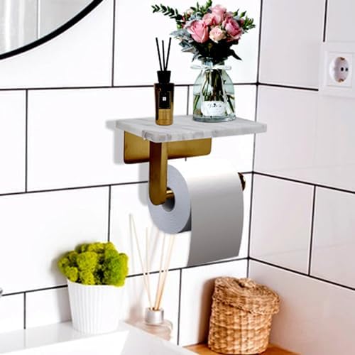 Toilet Paper Holder with Natural Marble Shelf for Bathroom Washroom,Wall Mounted Tissue Holder Suitable for Mega Roll (Brushed Gold, Small 6.7 * 4.3 in) - Image 7