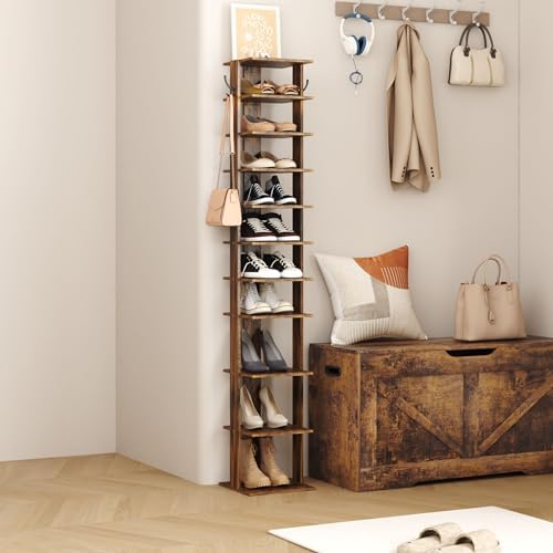 HOMEFORT 10-Tier Vertical Shoe Rack, Corner Shoe Tower, Slim Shoe Organizer with Two Hanging Hooks, Wooden Shoe Storage Stand for Entryway, Hallway, Closet, Rustic Brown - Image 4