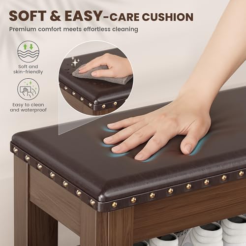 Shoe Bench for Entryway, Solid Rubberwood Shoe Bench with Hidden Storage, Adjustable 2-Tier Shelves & Soft PU Leather Seat, Shoe Rack Durable Easy Assembly for Hallway or Bedroom - Brown, 31.5" - Image 7