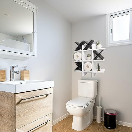 GENMOUS Handmade Tic Tac Toe Toilet Paper Holder For Black and White Bathroom Decor, Funny Wall Mounted Free Standing Toilet Tissue Paper Storage For Kids Guest Restroom Farmhouse Bathroom Decor White - Image 2