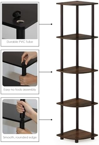 Furinno TURN-N-TUBE Corner Shelf Set of 2, 5-Tier Corner Bookshelf, Open Storage Shelves, for Organization and Storage, Living Room, Home Office, Garage, Walnut - Image 5