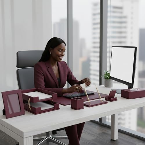 Leather Desk Set,13-Piece Desk Organizer Set, Executive Office Accessories with Desk Pad & Blotter, 2-Tier Tray, Pen Holder & More, Professional Office Desk Decor & Gift Set (Burgundy) - Image 2