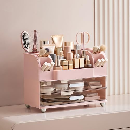 HBlife Makeup Organizer for Vanity with Brush Holder, Large Bathroom Countertop Cosmetic Organizer Skin Care Storage, Easy to Store Lipsticks, Nail Polishes, Perfumes, Eyeshadow Palettes, Pink - Image 5