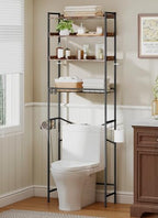 Quikraen 4 Tier Over The Toilet Storage Shelf with 3 Adjustable Shelves, Space Saver Bathroom Organizer with 4 Hooks, Freestanding Above Toilet Rack for Restroom Laundry (Brown) by Quikraen
