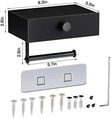 VOLDRA Toilet Paper Holder with Shelf Black Wipes Dispenser for Bathroom Toilet Paper Holder with Storage Upgrade Drawer Design Toilet Tissue Holder Adhesive Small Bathroom Shelf Wall Mount - Image 6