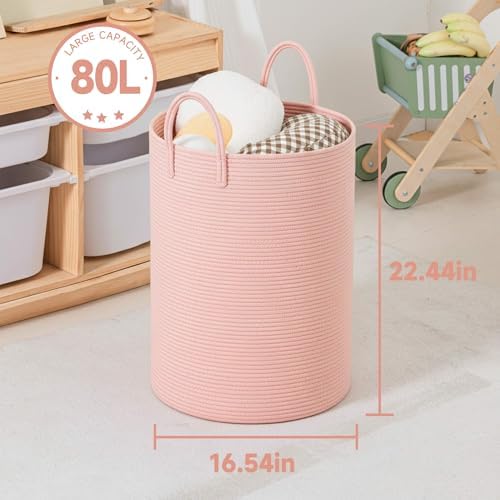 CLHMILY&Z Laundry Hamper Round Storage Rope Basket in Living Room, Bedroom, Laundry Room for Toy, Clothes, Blanket, Pillow (Pink, 80L) - Image 6