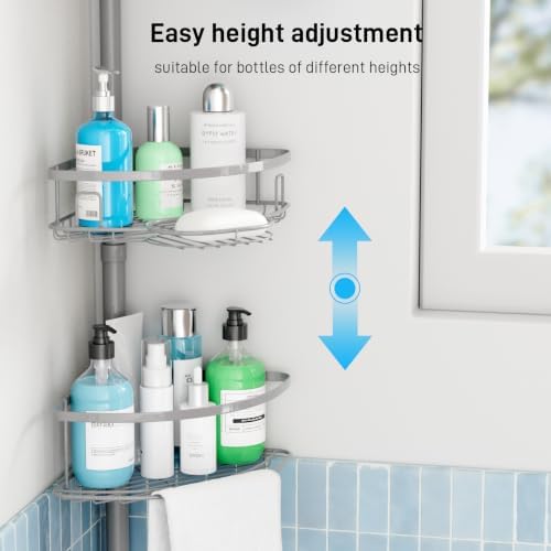 Corner Tension Pole Shower Caddy, 4 Tier Rustproof Shower Tension Rod Organizer with Soap Holder & Hooks, Adjustable 33-125 Inch Bathroom Shelf for Renters - Family Stand Storage Rack, Grey - Image 6