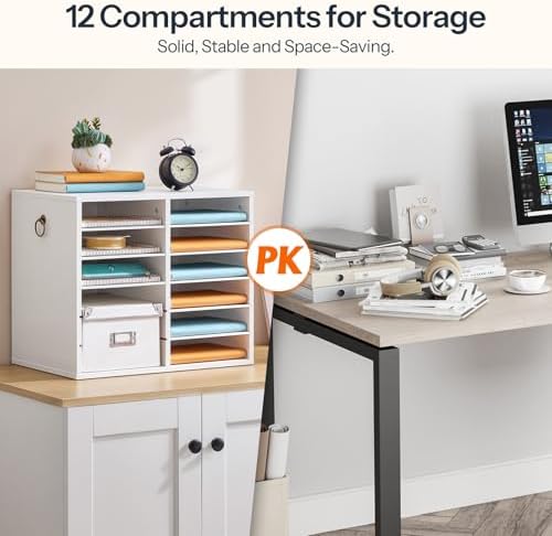HOOBRO Literature Organizers, 12 Compartments Office Mailbox with Adjustable Shelves, Wood Countertop Literature Sorter for Office, Home, Classroom, Mailrooms Organization White WT12WF01 - Image 4