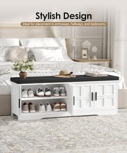 Akxomel 47.2" Shoe Storage Bench 4 Doors Wooden Entryway Bench White - Image 5