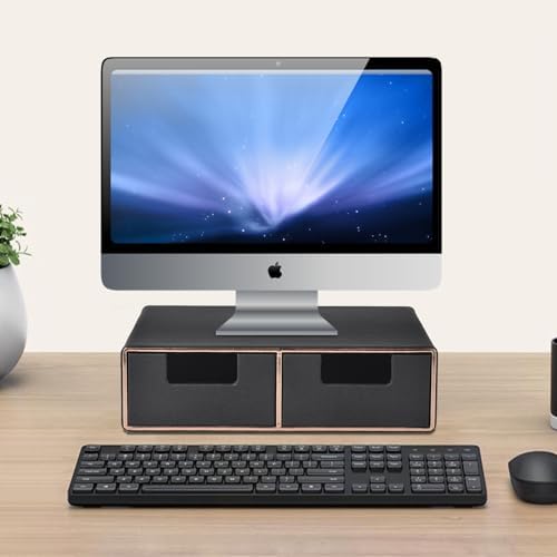 Linen Leather Desk Organizer and monitor stand with Drawers－Mini Desktop Drawer Organizer Stackable－Tabletop Organization Storage Box for Office Supplies Home Vanity Toiletries (Black, 2-drawers) - Image 2