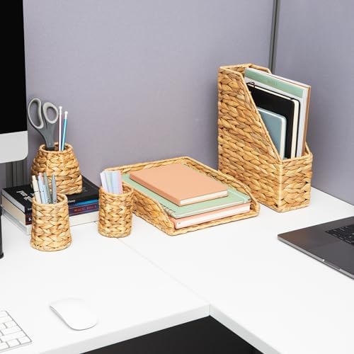Mind Reader Rattan Paper Tray with Iron Frame, Desktop Organizer, Holds Letter Size Documents, Brown - Image 4