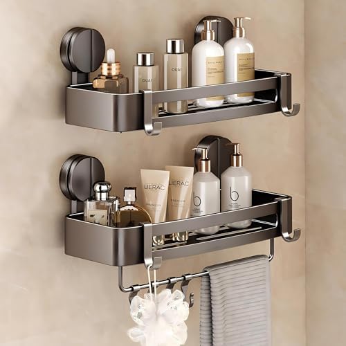 VOLPONE Shower Caddy Suction Cup, 2 Pack Corner Shower Shelves No Drilling, Showers Organizer Storage with Towel Bar & Removable Hooks, Bathroom Shower Shelf Rack for Inside Showers by VOLPONE