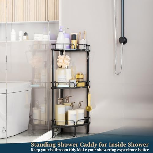 Consumest Corner Shower Caddy Stand - 3 Tier Shower Organizer with Soap Holder, Tall Floor Corner Shelves Standing with Adjustable Feet & 4 Hooks, Storage Rack for Bathroom Black - Image 5
