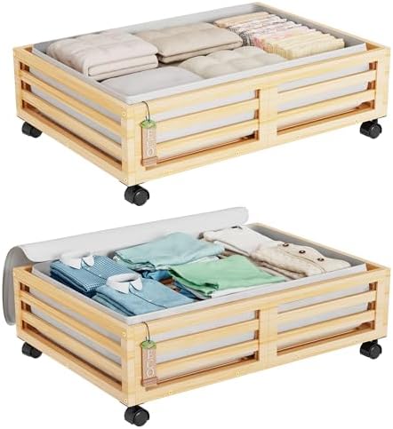 Wisuce 2 Packs Bamboo Under Bed Storage Organizer with Wheels Nature Small by Wisuce