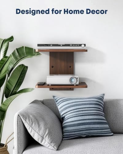 Floating TV Projector Shelf Wall Mount - 2 Tier Wooden Shelf, Walnut Brown - Image 4