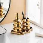 Gold Bathroom Accessory Set, 3-Piece Gold Ceramic Bath Accessories Set with Tray, Lotion Dispenser, and Tumbler for Luxurious Bathroom Decor - Image 3