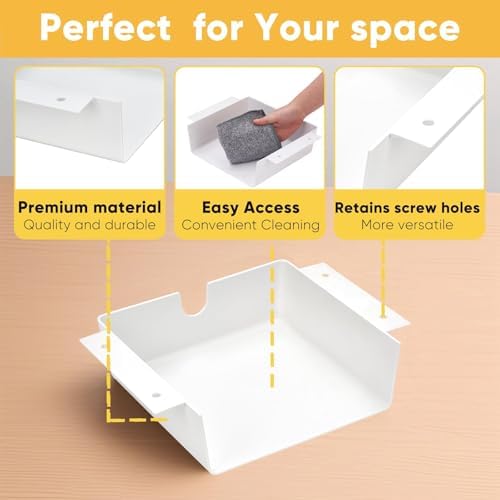 4 Pack Under Desk Hanging Shelf Drawer Organizer, Attachable Plastic Hidden Storage Tray, Easy Adhesive Mount Holder for Standing Tables, Office, Counters, Cabinets, Workstations - White - Image 4