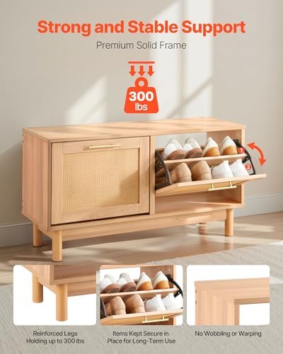 VEVOR Rattan Shoe Storage Bench, Entryway Bench with 2 Flip Drawers, Holds up to 300 lbs with 4 Compartments and 2 Rattan Doors, 39.4 x 11.8 x 20.9 Inches for Hallway, Living Room, Bedroom - Image 4