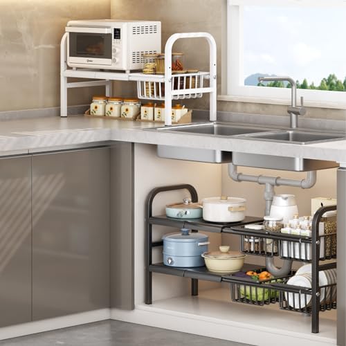 Under Sink Organizer，2 Tier Expandable Heavy Duty Metal Shelf，with 5 Removable Panels and 5 Storage Basket for Under Kitchen Bathroom Sink Organizers and Storage(X-Large,Black) - Image 4