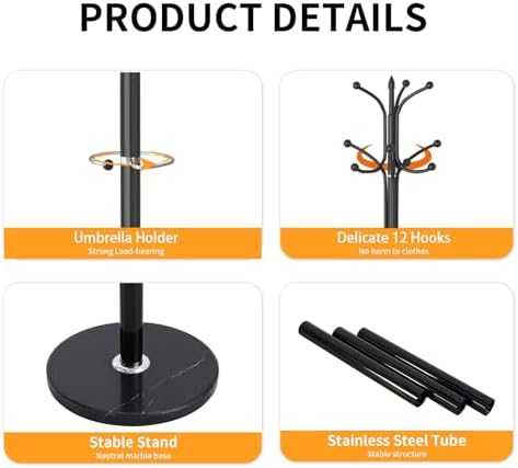 ZOZOE Metal Coat Rack Stand, Modern Coat Rack Freestanding with Natural Marble Base, Sturdy Coat Racks with 12 Hooks & Umbrella Holder,Black Coat Tree Hanger Stand for Bags,Hats,Entryway,Office - Image 2