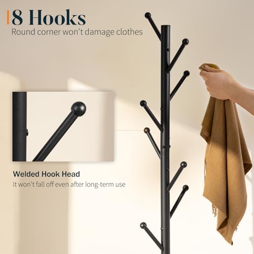 Yoobure Coat Rack Freestanding with Natural Marble Base - Coat Tree with 8 Hooks Heavy Duty Coat Hanger Stand, Metal Coat Rack Stand for Jacket, Hat, Clothes & Bag, Hall Tree Hat Rack for Entryway - Image 4