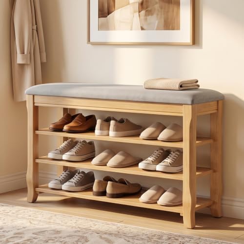 Solid Wood Shoe Bench, 31.5” Shoe Rack for Entryway Storage by Drogenble