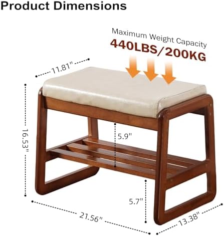 SOBIBO Solid Wood Shoe Bench, 2-Tier Wooden Entryway Bench, Modern Shoe Rack with Faux Leather Cushion for Hallway, Living Room (Gray, 21.65'') - Image 2