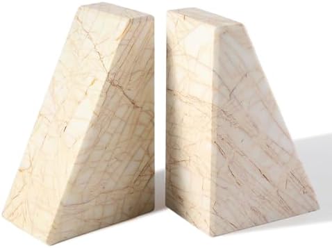 Marble Bookends，Natural Decorative Bookend for Shelves, Non-Skid Book End for Heavy Books, Idea Book Stoppers & Holder for Desk Bookshelf Decor, Modern Home Decor Cream Color Book Ends, Set of 2 by Karibiber