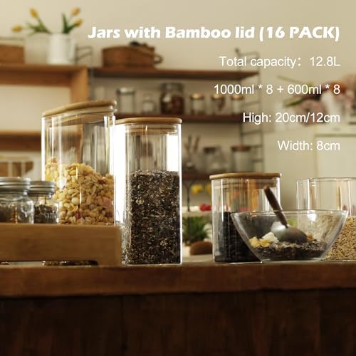 LIBWYS 16-Pack Square Glass Storage Jars with Bamboo Lids (0.6Qt/1.06Qt) - Image 6