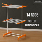 Happer Premium Clothes Stand for Drying with Wheels Portable 2 Layer Rack for Balcony Foldable Wings 14 Hanger Rods Anti Rust Steel Metal (Orange Compact Jumbo) - Image 2